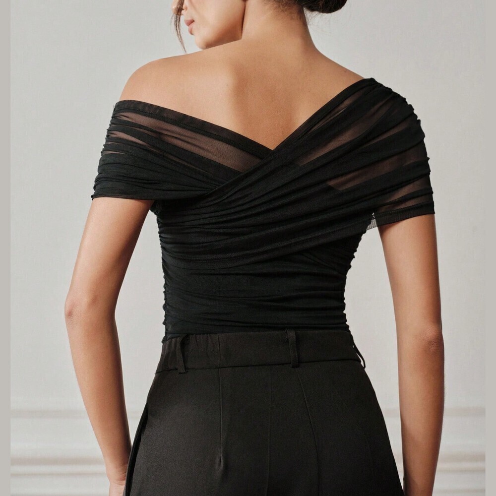 Black Sheer Mesh Ruched Asymmetrical Neck One Shoulder Bodysuit - Picture 10 of 10